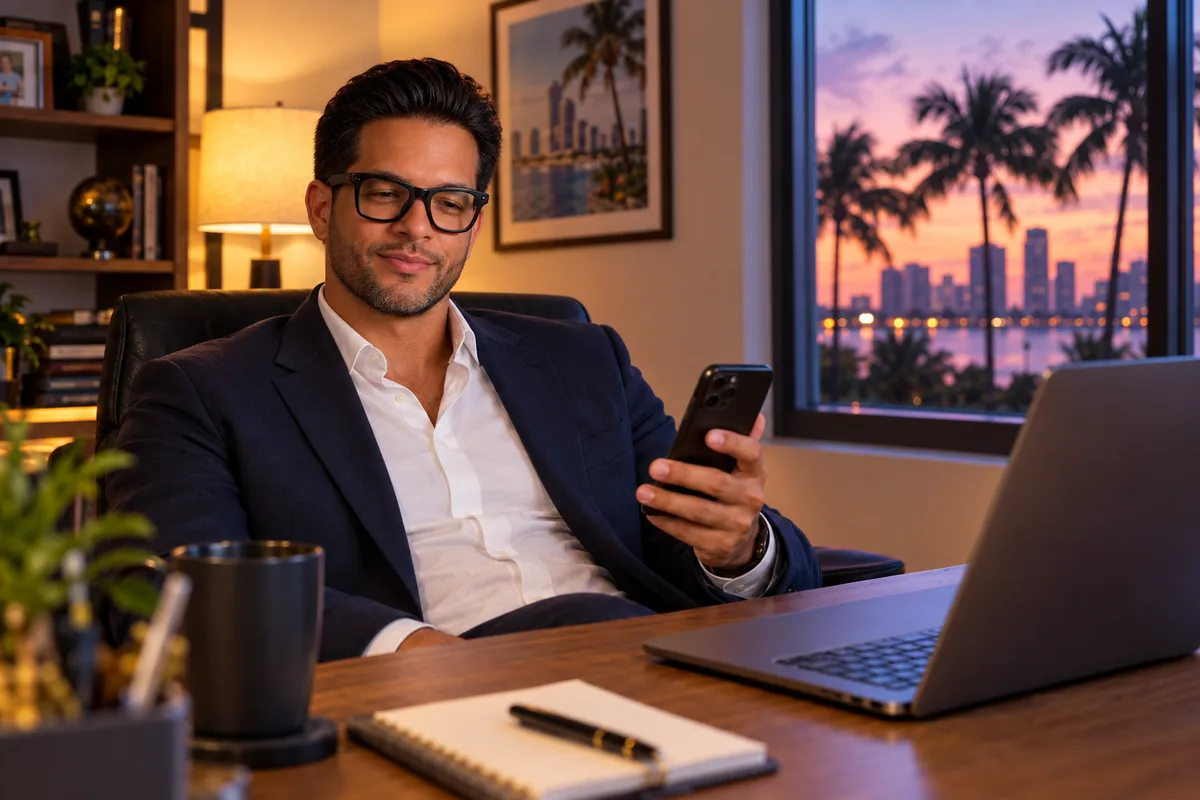 Yasmany, the agent who built MedaBooking, smiling at a text on his phone in his Miami home office at dusk
